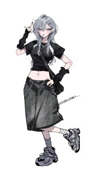 1girl absurdres aegyo_sal arm_warmers bag belt black_arm_warmers black_bag black_nails black_shirt blue_eyes breasts candy cropped_shirt earclip earrings eyes_visible_through_hair facing_viewer food food_in_mouth full_body grey_hair grey_shorts haimiya_mio_(kamiyama_sumu) hair_over_one_eye hand_on_own_hip highres jewelry kamiyama_sumu light_blush lollipop lollipop_in_mouth long_hair looking_at_viewer loose_belt medium_breasts middle_finger midriff mole mole_under_eye multiple_piercings multiple_rings nail_polish navel navel_piercing original piercing pocket ring shirt shoes short_sleeves shorts shoulder_bag sneakers socks solo standing standing_on_one_leg twitter_username white_shoes white_socks wolf_cut
