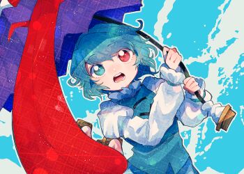 1girl aqua_background aqua_eyes aqua_hair commentary_request geta heterochromia holding holding_umbrella itomugi-kun juliet_sleeves karakasa_obake long_sleeves looking_at_viewer open_mouth puffy_sleeves purple_umbrella red_eyes shirt short_hair socks solo tatara_kogasa tongue tongue_out touhou umbrella upper_body white_shirt white_socks