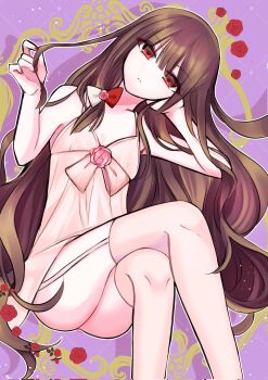 1girl :| arm_behind_head armpits artist_request ass babydoll bare_shoulders brown_hair closed_mouth cropped_legs crossed_legs flat_chest flower garter_belt gluteal_fold hair_ribbon highres holding holding_own_hair iana_magnolia kneehighs leaf long_hair looking_at_viewer official_art red_eyes red_flower red_nails red_rose ribbon rose socks solo tensei_akujo_no_kuro_rekishi