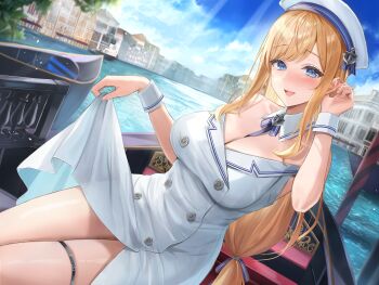 Rule 34 | 1girl, :d, absurdres, blonde hair, blue eyes, blue sky, blush, boat, breasts, buttons, canal, cleavage, clothes lift, cloud, day, detached collar, double-breasted, dress, dress lift, hand in own hair, highres, large breasts, lifting own clothes, light rays, long hair, looking at viewer, open mouth, original, outdoors, sakamuke, sidelocks, sky, smile, solo, sunbeam, sunlight, thighs, tree, venice, watercraft, white dress, wrist cuffs