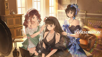 3girls absurdres adjusting_another&#039;s_hair amagami applying_another&#039;s_makeup applying_makeup ayatsuji_tsukasa bed bedroom black_dress black_veil blue_bow blue_dress blue_gemstone bow breasts brown_eyes brown_hair butterfly_hair_ornament cabinet clock closed_mouth commentary_request commission couch day dress feather_boa gem glint green_dress hair_ornament hairband highres holding holding_another&#039;s_hair holding_brush holding_makeup_brush indoors jewelry lamp lampshade large_breasts lens_flare long_hair makeup_brush multiple_girls nakata_sae nanasaki_ai necklace nightstand off-shoulder_dress off_shoulder parted_bangs pearl_necklace pendulum_clock pixiv_commission short_hair sitting sleeveless sleeveless_dress standing sunlight teapot twintails twitter_username v.ia veil white_hairband window