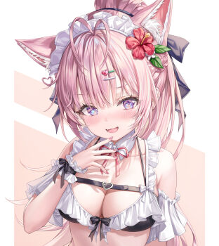 1girl alternate_costume animal_ears bikini black_bikini breasts commentary_request hakui_koyori highres hololive large_breasts looking_at_viewer maid pink_hair ponytail purple_eyes solo swimsuit virtual_youtuber wolf_ears wolf_girl zi_yue_liuli