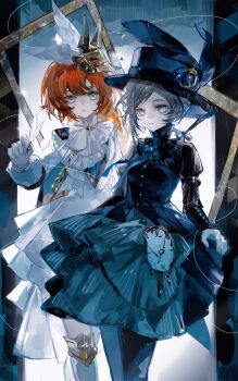 2girls absurdres black_dress black_hat blunt_bangs cloud cloudy_sky cowboy_shot dress eyelashes feathered_wings fingernails grey_eyes grey_hair hair_ornament hat hat_ornament highres holding holding_quill lingdian_mengyou long_hair long_sleeves looking_at_viewer multiple_girls orange_hair pale_skin parted_lips picture_frame quill rain reverse:1999 short_hair sidelocks sky sonetto_(reverse:1999) vertin_(reverse:1999) watch white_dress white_wings wings