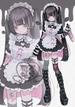 1girl absurdres apron arm_warmers asymmetrical_legwear belt_boots blood bloody_knife bloody_weapon blunt_bangs blunt_ends blush boots buckle chin_piercing choker clothing_cutout colored_inner_hair commentary corset_piercing detached_wings dress ear_piercing face_piercing fingernails frilled_dress frills full_body grey_eyes grey_hair hair_ornament hairband hairclip hashtag-only_commentary heart heart-shaped_buckle heart_cutout highres holding holding_knife jitome knife leg_tattoo legwear_garter long_fingernails long_hair looking_at_viewer maid maid_headdress mole mole_under_eye multicolored_hair nail_polish nelta_rene original outline piercing pink_blood pink_hair platform_boots short_sleeves single_fishnet_legwear spiked_hairband spikes streaked_hair striped_arm_warmers tattoo thighhighs two_side_up very_long_hair watermark weapon white_outline wings x_hair_ornament zoom_layer