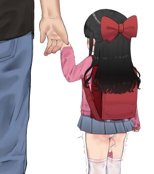 1boy 1girl absurdres age_difference backpack bag highres holding_finger huge_filesize kitavana loli original randoseru sex_toy standing thighhighs vibrator vibrator_in_thighhighs white_thighhighs