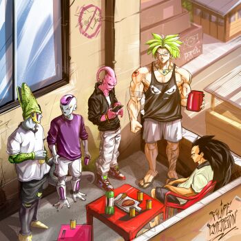 5boys absurdres alcohol alternate_costume ankle_monitor arm_tattoo artist_name bad_boy_(brand) beef beer beer_can biceps black_eyes black_hair black_jacket black_nails black_sclera black_shorts black_tank_top bottle bracelet brazil brazilian_flag broly_(dragon_ball_z) can cell_(dragon_ball) cellphone chair character_tattoo chicken_(food) closed_mouth colored_sclera colored_skin cup dragon_ball dragonball_z drink_can facial_tattoo filipeemerson3 final_form_frieza food frieza full_body gold_necklace graffiti green_hair grey_skin highres holding holding_cup holding_phone house jacket jewelry leg_tattoo legendary_super_saiyan majin_buu male_focus multiple_boys muscular muscular_male necklace nike_(company) no_eyebrows no_pupils pants perfect_cell phone piercing pink_skin portuguese_text purple_shirt raditz red_eyes road serious shirt shoes shorts sidewalk signature sitting slums sneakers soda_bottle son_goku spiked_hair standing street super_buu super_saiyan t-shirt table tank_top tattoo white_pants white_shirt white_shorts white_skin window