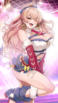 1girl :d areola_slip arm_between_legs ass bare_shoulders between_breasts blush braid breasts brown_hair cleavage detached_sleeves dot_nose fur-trimmed_sleeves fur_trim high_heels highres idolmaster idolmaster_cinderella_girls jougasaki_mika large_breasts linea_alba mk_(mod0) necktie necktie_between_breasts one_eye_closed open_mouth smile solo stage stage_lights standing standing_on_one_leg thighs yellow_eyes