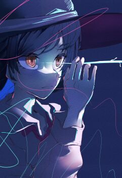 1girl absurdres alternate_eye_color black_hair black_hat closed_mouth collar hat highres long_sleeves muraryo necktie orange_eyes red_necktie shirt short_hair sleeve_cuffs solo string string_of_fate touhou usami_renko white_collar white_shirt