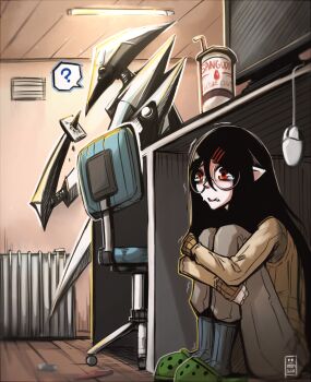 1girl ? anime_girl_hiding_from_a_terminator_(meme) black_hair ceiling_light cellphone chair computer_mouse crocs crying cup desk disposable_cup fangs hair_ornament hairclip heater hiding highres hugging_own_legs long_hair meme monitor office_chair pawn_(rimworld) pen phone pointy_ears red_eyes rimworld robot sanguophage_(rimworld) scyther_(rimworld) smartphone socks sweater swivel_chair tarmillustrates under_table vent_(object) wooden_floor