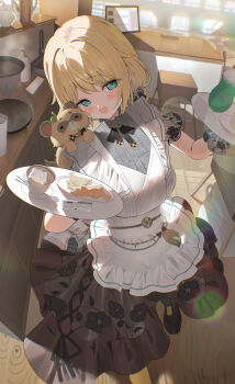 1girl :d absurdres apron aqua_eyes black_bow black_ribbon black_skirt blonde_hair bow braid day frilled_apron frills hair_flaps highres holding holding_plate hololive indoors jinbei_(user_tpny4757) kazama_iroha kazama_iroha_(maid) looking_at_viewer low_twin_braids neck_ribbon official_alternate_costume official_alternate_hairstyle open_mouth plate pokobee ribbon shirt short_sleeves skirt smile solo twin_braids virtual_youtuber white_apron wrist_cuffs