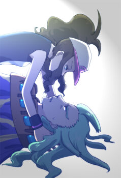 1boy 1girl baseball_cap black_vest black_wrist_cuffs blue_eyes brown_hair cloak commentary covered_mouth dappled_sunlight facing_another ghetsis_(pokemon) green_hair hair_slicked_back hand_on_another&#039;s_shoulder hands_in_another&#039;s_hair hat high_ponytail hilda_(pokemon) kabedon kamenozoki long_sidelocks looking_at_another looking_down looking_up lying nintendo on_back outstretched_arms pokemon pokemon_bw ponytail purple_cloak shirt sidelocks sleeveless sleeveless_shirt sunlight surprised sweatdrop upper_body vest white_background white_hair white_shirt wrist_cuffs