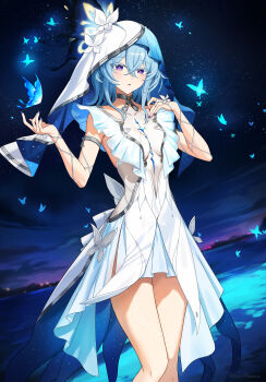 1girl absurdres armlet blue_butterfly blue_hair blue_veil breasts bug butterfly colored_eyelashes commentary dress fingernails hair_between_eyes highres insect jewelry looking_at_viewer medium_breasts night outdoors purple_eyes shorekeeper_(wuthering_waves) signature solo two-tone_veil veil white_dress white_veil wonprime wuthering_waves