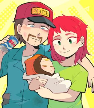 1girl 2boys aged_down baby beer_can blonde_hair blue_eyes brown_hair bruise bruise_on_face can carol_mccormick carrying dirty dirty_face drink_can facial_hair family father_and_son green_shirt hat hood husband_and_wife injury kenny_mccormick mother_and_son multiple_boys mustache patchwork_clothes red_hair shirt smile south_park stuart_mccormick tsunoji