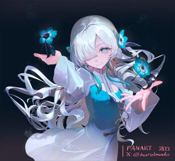 1girl blue_hair dress familiar flower hair_flower hair_ornament hair_over_one_eye harolmado highres isekaijoucho kamitsubaki_studio long_hair looking_at_viewer multicolored_hair smile solo two-tone_hair virtual_youtuber white_eyes white_hair