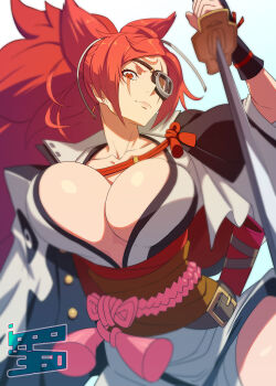 1girl amputee baiken big_hair black_kimono breasts cleavage closed_mouth eyepatch guilty_gear guilty_gear_strive highres holding holding_sword holding_weapon ippo japanese_clothes kataginu katana kimono large_breasts multicolored_kimono obijime one-eyed open_clothes open_kimono red_eyes samurai scar scar_across_eye scar_on_face simple_background solo sword torn_sleeve weapon white_background