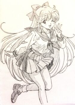 Rule 34 | 1girl, :d, absurdres, aino minako, arm at side, bishoujo senshi sailor moon, bow, choppy bangs, foot out of frame, graphite (medium), greyscale, hair bow, hand up, highres, i4teruz, leg up, loafers, long hair, long sleeves, looking at viewer, miniskirt, monochrome, neckerchief, one eye closed, open mouth, pleated skirt, sailor collar, school uniform, serafuku, shoes, skirt, smile, socks, standing, traditional media, very long hair, w