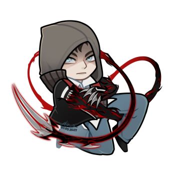 1boy alex_mercer blue_eyes brown_hair chibi chibi_only claws corruption denim divan_molchun full_body grey_hoodie highres hood hood_up hoodie jeans knee_up looking_at_viewer male_focus pants prototype_(game) serious shirt short_hair solo white_shirt
