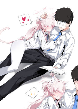 1boy 1girl absurdres akira_(blue_archive) animal_ear_fluff animal_ears belt black_belt black_choker black_pants blue_archive blue_necktie book cat_ears cat_tail choker closed_eyes closed_mouth collared_shirt doodle_sensei_(blue_archive) dress_shirt eighth_note fang fang_out from_side gloves halo hand_on_another's_chest hand_on_another's_head heart heart-shaped_pupils highres holding holding_book long_hair long_sleeves looking_at_another motion_lines musical_note necktie pants pink_eyes plentyofempty puffy_sleeves pussy_juice sensei_(blue_archive) shirt shirt_tucked_in simple_background spoken_heart spoken_musical_note sweatdrop symbol-shaped_pupils tail white_background white_belt white_gloves white_pants white_shirt