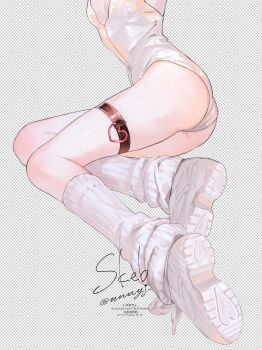 1boy ass commentary_request commission highres leotard loose_socks male_focus nnnyj original playboy_bunny shoe_soles shoes skeb_commission socks solo strapless strapless_leotard thigh_strap thighs twitter_username white_leotard white_shoes white_socks