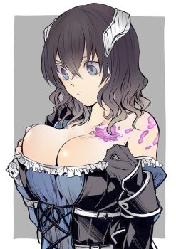 Rule 34 | 1girl, bare shoulders, black gloves, bloodstained: ritual of the night, bloodstained (series), blue dress, blue eyes, border, breasts, brown hair, cleavage, closed mouth, commentary request, crossed bangs, dress, gloves, grel (r6hgvu5), grey background, hair between eyes, hands up, large breasts, medium hair, miriam (bloodstained), outside border, simple background, solo, strapless, strapless dress, upper body, white border