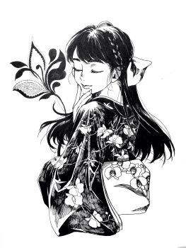 1girl ameishi ballpoint_pen_(medium) bow closed_eyes closed_mouth commentary_request cropped_torso floral_print floral_print_kimono flower greyscale hair_bow half_updo hand_on_own_chin highres japanese_clothes kimono long_hair long_sleeves monochrome obi original pen_(medium) print_kimono sash simple_background smile solo straight_hair traditional_media white_background wide_sleeves yukata