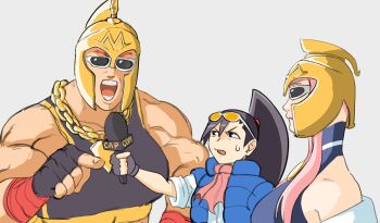 Rule 34 | 3girls, black hair, capcom, chain, commentary, english commentary, fingerless gloves, gloves, helmet, hibiki ran, highres, impact wrestling, justice gakuen, manon legrand, marisa (street fighter), microphone, multiple girls, open mouth, pink hair, ponytail, scott steiner, spankydraws, street fighter, street fighter 6, sunglasses, sweatdrop, tank top, vest