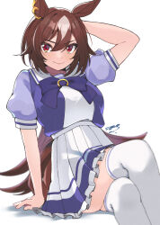 Rule 34 | 1girl, absurdres, animal ears, arm behind head, arm support, arm up, brown hair, closed mouth, crossed legs, feet out of frame, highres, horse ears, horse girl, horse tail, invisible chair, long hair, puffy short sleeves, puffy sleeves, red eyes, sailor collar, school uniform, shirt tucked in, short sleeves, signature, simple background, sirius symboli (umamusume), sitting, skirt, smile, solo, tail, thighhighs, tracen school uniform, umamusume, white background, white skirt, white thighhighs, zono (inokura syuzo029)