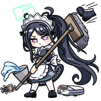 1girl :/ ^_^ apron aqua_halo aqua_ribbon aris_(blue_archive) aris_(maid)_(blue_archive) artist_name back_bow black_boots black_dress black_hair black_shoes black_wrist_cuffs blue_archive blush boots bow bucket chibi chinese_commentary closed_eyes closed_mouth commentary_request dress frilled_apron frilled_dress frills full_body halo hand_up high_ponytail highres holding holding_mop kei_(blue_archive) kei_(robot)_(blue_archive) long_hair long_sidelocks looking_at_viewer maid maid_apron maid_headdress mary_janes merchandise_available mop motion_lines neck_ribbon number_print objectification pantyhose parted_bangs pink_eyes ponytail puffy_short_sleeves puffy_sleeves rectangular_halo ribbon robotic_vacuum_cleaner sensei_(blue_archive) shoes short_sleeves sidelocks simple_background solo spilling standing tongue tongue_out unworn_boots very_long_hair water watermark white_apron white_background white_bow white_headdress white_pantyhose wrist_cuffs yimaxue