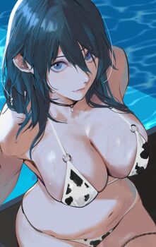 1girl animal_print bare_shoulders bikini blue_eyes blue_hair breasts choker cleavage closed_mouth cow_print cow_print_bikini female_byleth_(fire_emblem) fire_emblem fire_emblem:_three_houses hair_between_eyes highres j@ck large_breasts long_hair looking_at_viewer navel nintendo pool print_bikini sideboob sitting skindentation solo stomach swimsuit thigh_strap veins veiny_breasts water wet