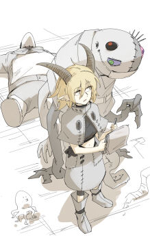 Rule 34 | 1girl, 2others, blonde hair, blot plot, boots, capelet, commentary, full body, grey boots, grey capelet, grey skirt, highres, holding, holding notepad, holding pen, horns, kankan33333, karune (kankan33333), korone (kankan33333), monster, multiple others, notepad, octopus, pen, pointy ears, skirt, standing