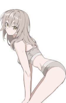 1girl absurdres bent_over breasts character_request choppy_bangs closed_mouth commentary copyright_request cowboy_shot dot_mouth english_commentary from_side grey_hair grey_panties grey_sports_bra hair_between_eyes highres long_bangs long_hair looking_at_viewer looking_to_the_side panties scarlet_(wv0102) simple_background solo sports_bra sports_panties turning_head underwear underwear_only white_background yellow_eyes