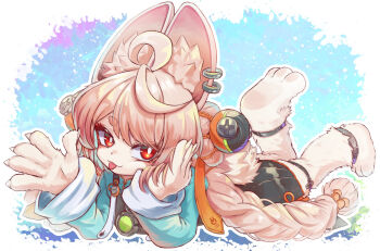 1girl animal_ear_fluff animal_ear_piercing animal_ears animal_feet body_fur braid bright_pupils commentary furry furry_female highres lapi-p long_hair looking_at_viewer lying on_stomach pawpads pink_hair rabbit_ears rabbit_girl red_eyes solo tail thick_eyebrows tongue tongue_out twin_braids white_fur white_pupils zenless_zone_zero zhao_(zenless_zone_zero)