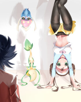 >_< 1boy 1girl absurdres black_eyes black_pantyhose blue_hair breasts brown_hair commentary_request donut_hair_bun double_bun gen_5_pokemon gen_6_pokemon green_eyes hair_bun handstand highres hugh_(pokemon) inkay leaf medium_breasts midriff momdy_(talesshinja) navel nintendo panties pantyhose pokemon pokemon_(creature) pokemon_bw2 rosa_(pokemon) snivy squid underwear upside-down visor_cap