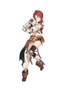 1girl ;) ahoge aiming atelier_(series) atelier_resleriana black_choker black_shorts boots brown_boots brown_socks choker closed_mouth clothing_cutout earrings full_body green_eyes hair_between_eyes heidi_(atelier) highres holding holding_slingshot holding_weapon jewelry knee_pads long_sleeves object_in_clothes official_art one_eye_closed open_clothes open_vest orange_skirt orange_vest overskirt potion pouch red_hair shirt shorts shoulder_cutout simple_background single_knee_pad skirt slingshot_(weapon) smile socks solo standing thigh_pouch transparent_background umiu_geso vest weapon white_shirt