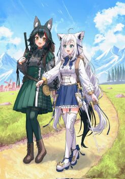 2girls :3 :d ahoge animal_ear_fluff animal_ears backpack bag black_hair blue_eyes blue_skirt blue_sky boots bow bowtie braid breasts brown_boots brown_eyes cloud cloudy_sky commentary_request cross-laced_clothes cross-laced_skirt cross-laced_sleeves day dirt_road fox_ears fox_girl fox_tail garter_straps grass green_bow green_bowtie green_pantyhose green_skirt grey_shirt highres hololive kazuna_(minekazuna) long_hair long_sleeves looking_at_another low-tied_long_hair medium_breasts mountainous_horizon multicolored_hair multiple_girls ookami_mio ookami_mio_(8th_costume) open_mouth outdoors pantyhose platform_shoes pleated_skirt red_hair road shirakami_fubuki shirakami_fubuki_(saint) shirt shoes skirt sky smile streaked_hair sword tail thighhighs tree twin_braids very_long_hair virtual_youtuber walking weapon white_shirt white_shoes white_thighhighs windmill wolf_ears wolf_girl zettai_ryouiki