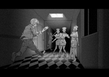 1boy 4girls back blush breasts bubble_head_nurse cleavage denim greyscale hat highres hitachi_magic_wand james_sunderland jeans monochrome multiple_girls nurse_cap pants pencil_skirt remake running sashizume_soutarou sex_toy silent_hill_(series) silent_hill_2 silent_hill_2_(remake) skirt sweatdrop vibrator