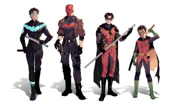 absurdres animal_print bat_print bat_signal batman_(series) batman_symbol black_bodysuit black_gloves black_hair blue_bodysuit blue_eyes bodysuit brothers brown_jacket cape closed_mouth damian_wayne dc_comics dianna_knst dick_grayson domino_mask eye_mask gloves grey_bodysuit gun handgun highres holding jacket jason_todd large_pectorals male_focus mask multicolored_bodysuit multiple_boys muscular muscular_male nightwing open_clothes pants pectorals red_hood_(dc) red_mask red_robin robin_(dc) short_hair siblings superhero_costume tim_drake two-tone_bodysuit weapon yellow_cape