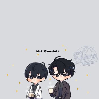 2boys ahoge black_coat black_eyes black_hair black_shirt chibi chibi_only coat collared_shirt cup curtained_hair english_text hair_between_eyes highres holding holding_cup kim_dokja kimidori_22 male_focus multiple_boys omniscient_reader&#039;s_viewpoint open_clothes open_coat popped_collar shirt short_hair steaming_cup upper_body white_coat yoo_joonghyuk