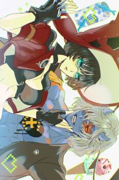 Rule 34 | 1boy, 1girl, black bra, black choker, black gloves, black hair, black jacket, blue horns, blue skin, bra, breasts, can, chest tattoo, choker, closed mouth, colored skin, commentary request, cropped jacket, drink can, fingerless gloves, gloves, green-tinted eyewear, guilty gear, guilty gear strive, hand on another's chin, happy chaos, hat, heart, heart tattoo, highres, hitsuji kusa, holding hands, horns, i-no, ice cream cone, interlocked fingers, jacket, large breasts, looking at another, navel, no shirt, open clothes, open jacket, open mouth, orange-tinted eyewear, pink lips, pixel heart, red hat, red jacket, short hair, sideways, soda can, sunglasses, tattoo, teeth, tinted eyewear, toned, toned male, underwear, upper body, white hair, witch hat, x-shaped eyewear