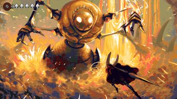 1girl absurdres arthropod_girl black_skin boss_fight cloak colored_skin empty_eyes fourth_chorus_(hollow_knight) from_behind giant glowing glowing_eyes hashtag-only_commentary hby_stuff highres holding holding_weapon hollow_knight hollow_knight:_silksong horned_mask hornet_(hollow_knight) horns looking_at_another mask mecha needle_(hollow_knight) no_humans no_mouth pixel_art red_cloak robot standing weapon white_mask