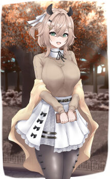 1girl absurdres aidoruhakase alternate_costume animal_ears bag black_ribbon blonde_hair copyright_request green_eyes hair_between_eyes hair_intakes hair_ornament hair_ribbon hairpin highres holding holding_bag indie_virtual_youtuber jacket looking_at_viewer nimi_nightmare open_clothes open_jacket open_mouth pantyhose ribbon shirt sidelocks skirt sweater tapir_ears tapir_girl virtual_youtuber white_shirt white_skirt