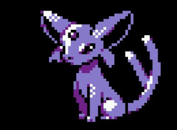 3d animated animated_gif black_eyes commentary cortoony creature english_commentary espeon full_body gen_2_pokemon lowres nintendo official_art pixel_art pokemon pokemon_(creature) pokemon_focus pokemon_gsc purple_theme sitting solo spinning transparent_background