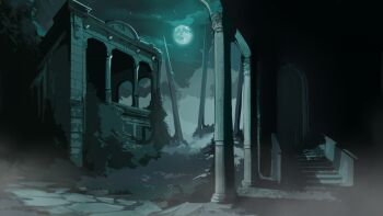 ballads_at_midnight building cobblestone column courtyard highres moon night no_humans non-web_source official_art outdoors path pillar road scenery sky stairs star_(sky) starry_sky tree