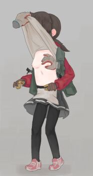 1girl bag black_pantyhose black_skirt blush breasts brown_gloves brown_hair clothes_lift covered_face disembodied_hand ear_blush embarrassed full_body gloves green_vest grey_background grey_skirt hood hoodie jacket loli long_sleeves low_ponytail mechanix_wear medium_hair nipples no_bra open_clothes open_jacket original pantyhose pleated_skirt ponytail qoni321 shirt_lift shoes simple_background skirt small_breasts standing vest