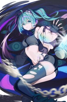 1girl absurdres ahoge aqua_eyes aqua_hair belt black_gloves black_shirt black_shorts black_thighhighs breasts commentary_request crop_top dna feet_out_of_frame fingerless_gloves gloves hair_between_eyes hatsune_miku highres jacket jewelry long_hair looking_at_viewer medium_breasts multicolored_hair navel purple_hair ring shirt short_shorts shorts solo sora_(men0105) stomach thighhighs torn_clothes torn_thighhighs twintails very_long_hair vocaloid white_belt white_jacket