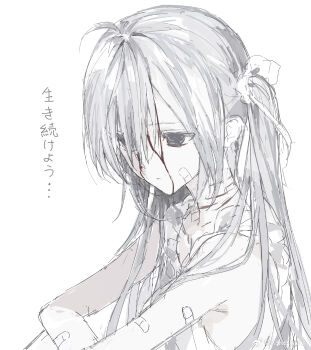 1girl ahoge bandaid bandaid_on_arm bandaid_on_face blood blood_on_face closed_mouth dress empty_eyes expressionless from_side grey_hair hair_between_eyes hair_ribbon highres injury konosekaino920 long_hair muted_color original ribbon self-harm simple_background sleeveless sleeveless_dress solo spot_color upper_body watermark weibo_username weibo_watermark white_background white_ribbon
