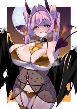 1girl bikini black_cloak black_collar blue_eyes blush breasts cleavage cloak collar demon_girl demon_horns demon_tail eyebrows_hidden_by_hair full_moon garter_belt gold_bikini gold_thighhighs hair_intakes heart heart_tail highres hiromusan horns large_breasts looking_at_viewer medium_hair metal_collar moon nail_polish navel_piercing open_mouth original piercing pink_hair skindentation smile solo steaming_body swimsuit tail tongue tongue_out twintails