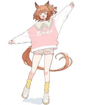 1girl acta_0907 alternate_costume aston_machan_(umamusume) brown_hair brown_skirt clothes_writing commentary_request ear_ornament facing_viewer full_body heart_ear_ornament highres horse_girl horse_tail long_sleeves medium_hair neck_ribbon open_mouth outstretched_arms pink_shirt pleated_skirt ribbon shirt shoes side_ponytail simple_background skirt sneakers socks solo standing standing_on_one_leg tail two-tone_shirt umamusume unmoving_pattern v-shaped_eyebrows white_background white_ribbon white_shirt white_shoes yellow_socks