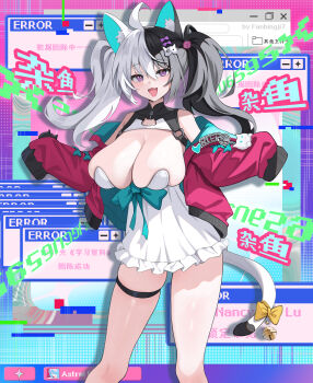 1girl absurdres aer7o ahoge animal_ear_fluff animal_ears aqua_bow astral_party bare_shoulders bell black_hair bow breasts cat_ears cat_girl cat_ornament cat_tail character_name cleavage colored_inner_animal_ears commentary_request copyright_name covered_collarbone dress error_message floating_hair frilled_dress frills glitch grey_hair heart highres jacket jingle_bell large_breasts long_hair long_sleeves looking_at_viewer multicolored_hair nancy_lu_(astral_party) open_mouth pink_jacket pixel_heart purple_eyes sideboob skindentation sleeves_past_fingers sleeves_past_wrists smile solo split-color_hair standing tail tail_bell tail_bow tail_ornament thigh_strap thighs twintails two-sided_fabric two-sided_jacket undersized_breast_cup user_interface very_long_hair white_dress white_hair white_tail window_(computing) yellow_bow