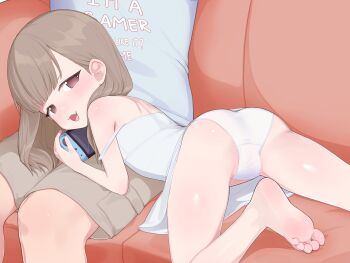 1boy 1girl absurdres ass barefoot brown_hair child_gf_(orenji) commentary commission couch feet goki_buri highres loli nintendo_switch original panties pixiv_commission soles symbol-only_commentary toes underwear white_panties
